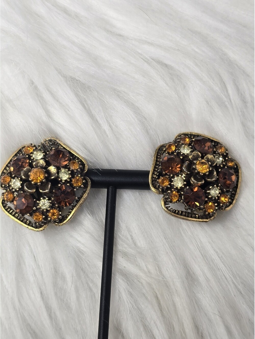Signed Vintage Florenza Amber Rhinestone Floral Clip-ons